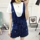 Set: Short-sleeve Plain T-shirt + Denim Jumper Shorts
