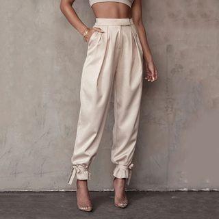 High-waist Plain Tie-cuff Pants