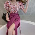 Puff-sleeve Floral Blouse / Tie-strap Midi A-line Skirt
