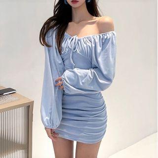 Long-sleeve Off-shoulder Mini Bodycon Dress Light Blue - One Size