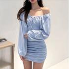 Long-sleeve Off-shoulder Mini Bodycon Dress Light Blue - One Size