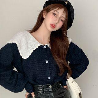 Collared Cardigan / Faux Leather A-line Skirt