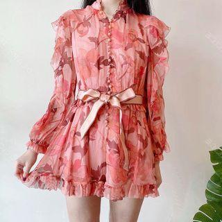 Long-sleeve Ruffled Print Romper