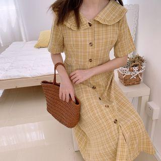 Plaid Collared Short-sleeve A-line Dress