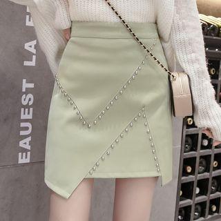 Asymmetric Faux Pearl Faux Leather Skirt