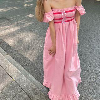 Puff-sleeve Off Shoulder A-line Midi Dress