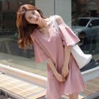 Cutout-shoulder Elbow-sleeve Ruffled Dress