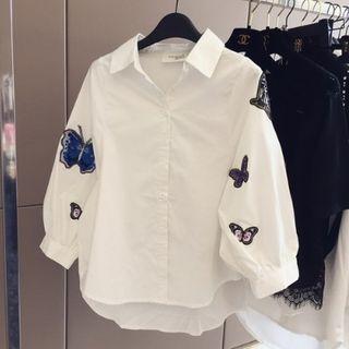 Elbow-sleeve Butterfly Embroidery Shirt