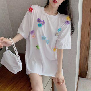 Elbow-sleeve Floral Detail T-shirt As Shown In Figure - One Size