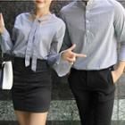 Couple Matching Striped V-neck Flared-cuff Blouse / Striped Mandarin Collar Shirt
