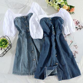 Off-shoulder Panel Denim Mini A-line Dress