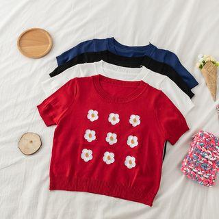 Flower Embroidered Cropped Knit Top