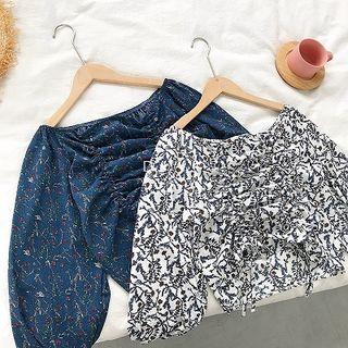 Off-shoulder Floral Drawcord Blouse