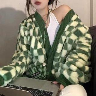 Checkerboard Fleece Cardigan Checkboard - Green & White - One Size