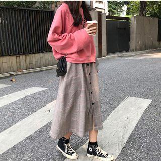 Plain Pullover / Button Placket Plaid Midi A-line Skirt