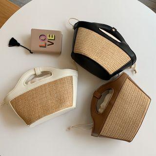 Drawstring Raffia-panel Tote Bag