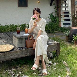 Round-neck Wrap-front Linen Blend Dress