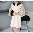 Collared Flower Pattern Chiffon-sleeve Mini Dress