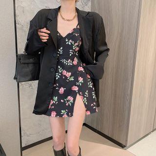Spaghetti-strap Floral Slit Mini A-line Dress / Plain Blazer