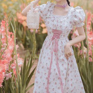 Puff-sleeve Floral Print Lace-up Midi A-line Dress