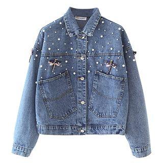 Faux Pearl Accent Buttoned Denim Jacket 8926 - Denim Blue - One Size