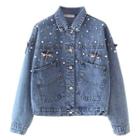 Faux Pearl Accent Buttoned Denim Jacket 8926 - Denim Blue - One Size
