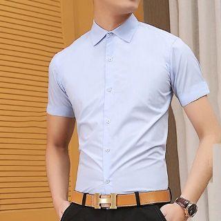 Short-sleeve Plain Slim-fit Shirt