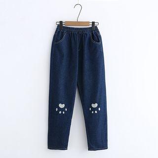 Paw Embroidered Straight Cut Jeans