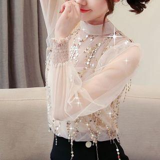 Long-sleeve Mock-neck Sequined Top