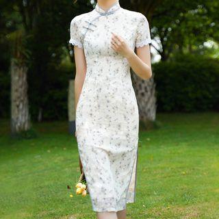 Lace Trim Floral Print Short Sleeve Midi Qipao