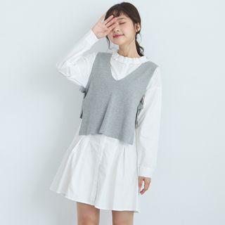 Set: Long Sleeve Frilled Trim Shirtdress + V-neck Knit Vest
