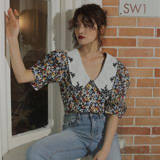 Floral Print Collared Elbow-sleeve Blouse