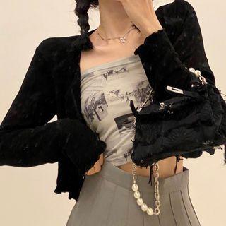 Cropped Cardigan / Strapless Print Top