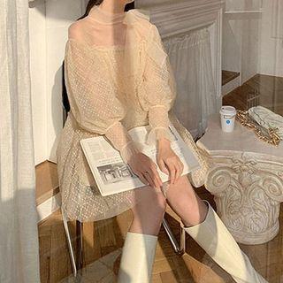 Bow-neck Mesh Mini A-line Dress