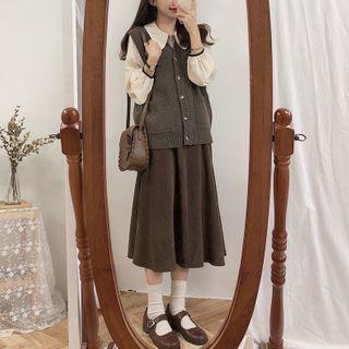 Puff-sleeve Shirt / A-line Midi Skirt / Knit Vest