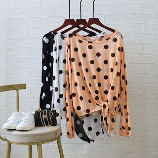 Dotted Long-sleeve Tie-hem T-shirt