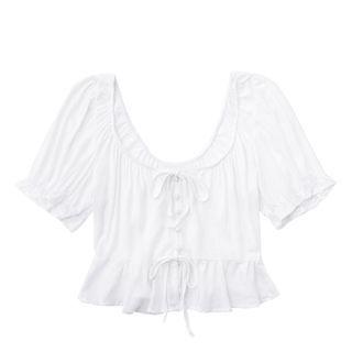 Short-sleeve Bow Frill Trim Crop Top