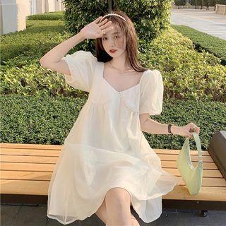 Square-neck Plain A-line Dress Almond - One Size