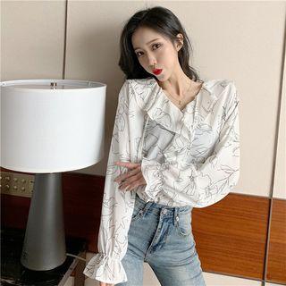 Lantern-sleeve Pattern Printed Blouse