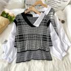 Mock Two-piece Long-sleeve Plaid V-neck Top