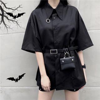 Belted Elbow-sleeve Blouse With Key Pouch
