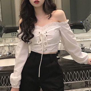Long-sleeve Off-shoulder Lace Up Blouse