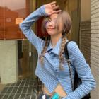 Collared Asymmetric Striped Long-sleeve T-shirt