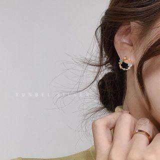 925 Sterling Silver Rhinestone Cat Eye Stone Hoop Earring 1 Pair - Gold - One Size
