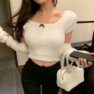 Short-sleeve Bow Cropped Knit Top With Arm Sleeves Top With Arm Sleeves - White - One Size