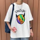 Elbow-sleeve Evil Print T-shirt