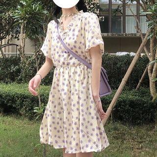 Short-sleeve Frilled Trim Floral Mini Dress