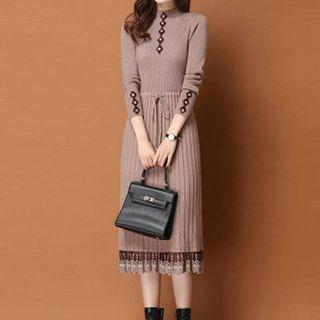 Long-sleeve Lace Trim Knit Midi A-line Dress
