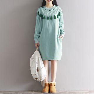 Embroidered Tasseled Detail Midi Pullover Dress