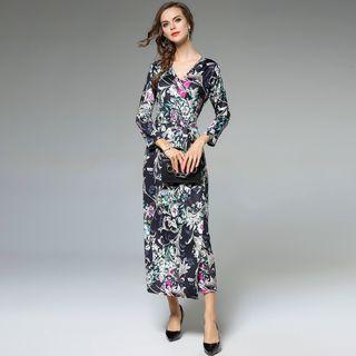 Floral Print V-neck Long-sleeve Sundress